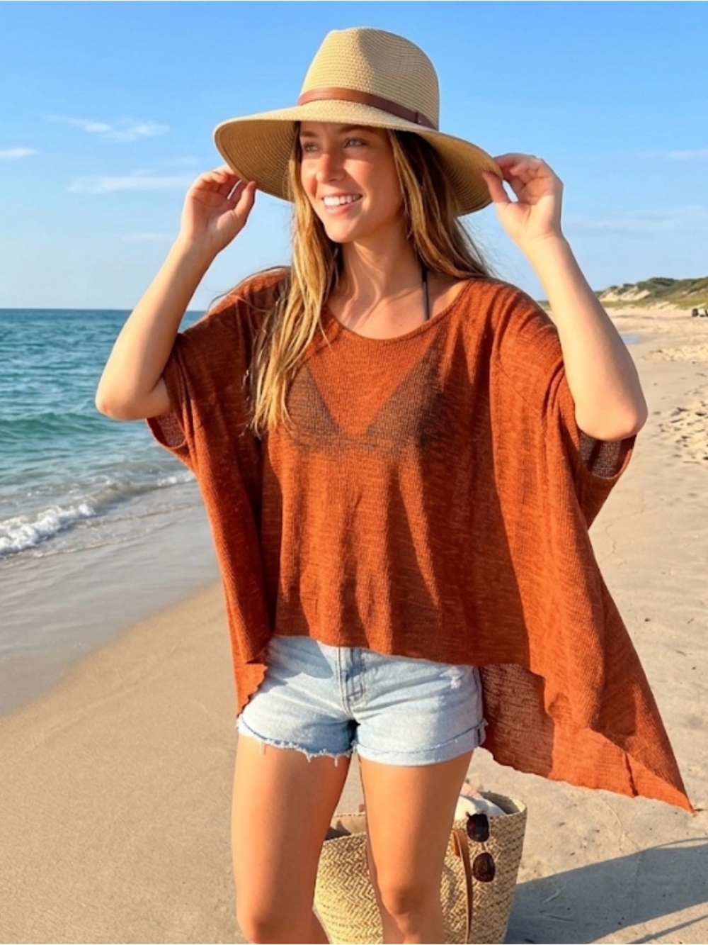 Free People Rust Orange Lightweight Knit Camisole Overlay made in USA